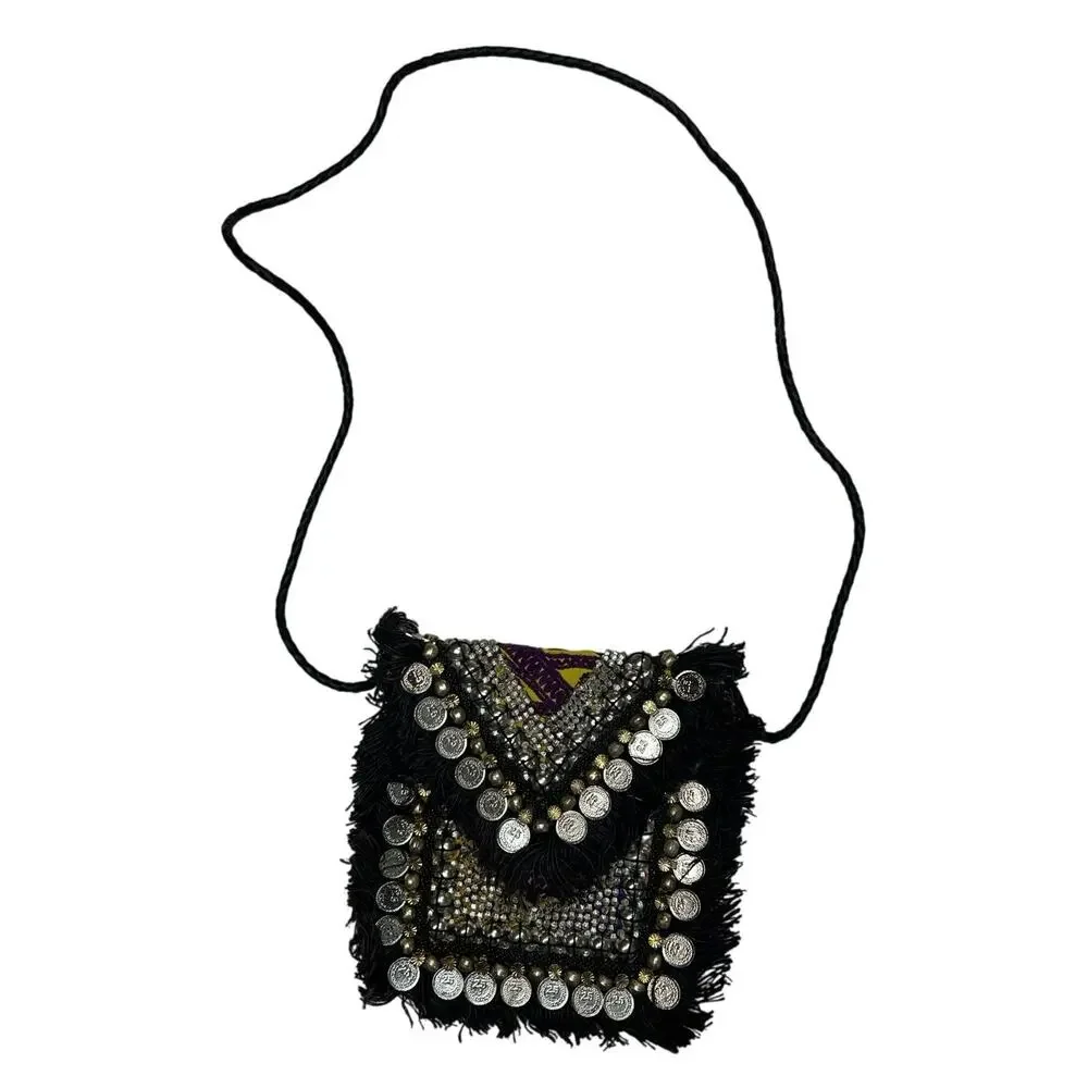 Vipul shah Bohemian Black & Silver Crossbody bag Beadwork & Coin Embellishments